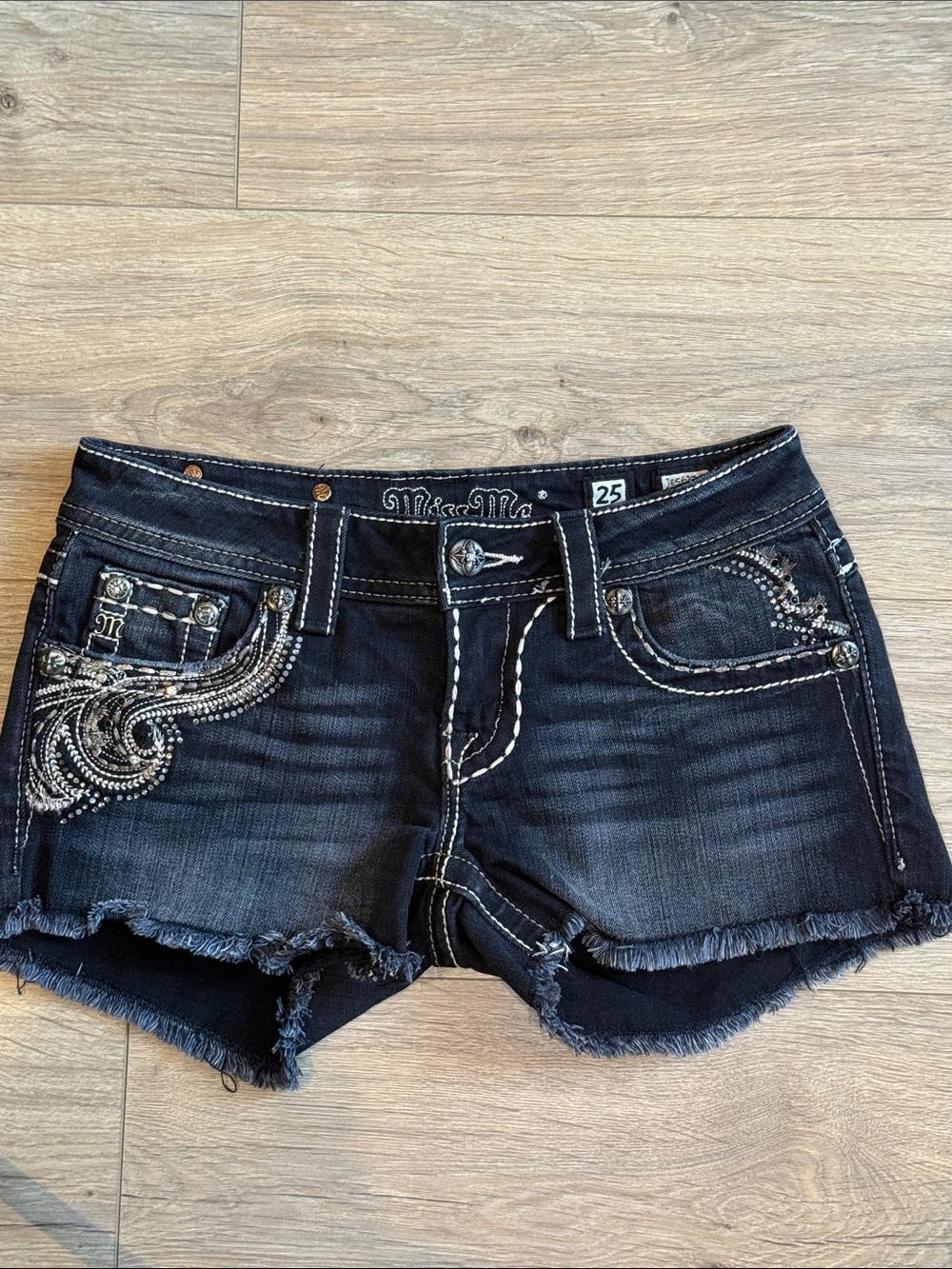 MISS ME Black Embellished Denim Cutoff Style Shorts Size 25